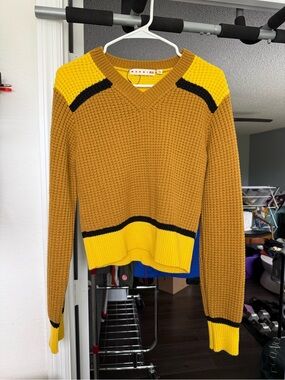 Marni women’s Mustard, Yellow & Black Waffle-Knit V-Neck Sweater